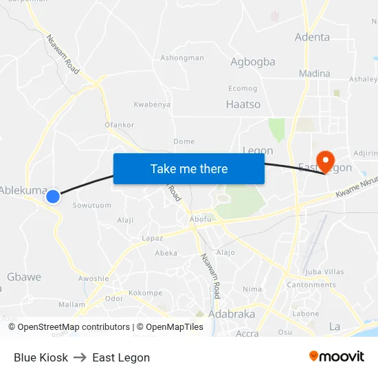 Blue Kiosk to East Legon map