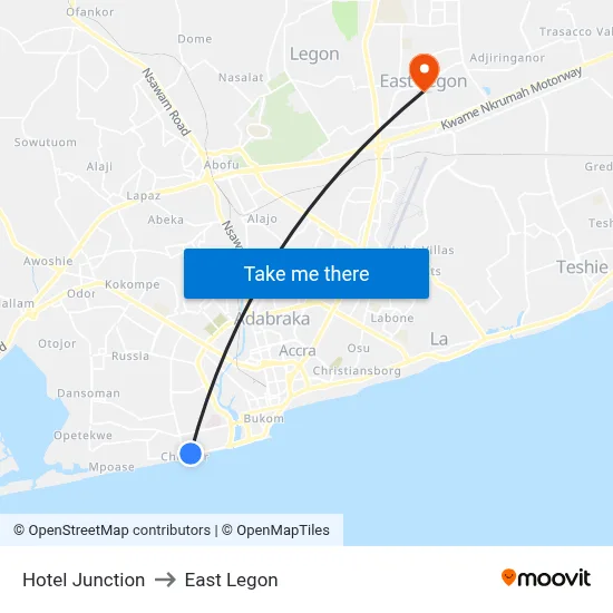 Hotel Junction to East Legon map