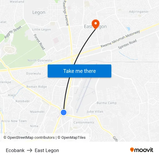 Ecobank to East Legon map