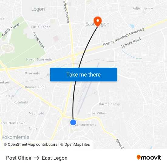Post Office to East Legon map