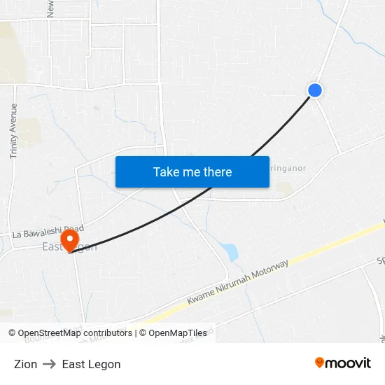 Zion to East Legon map