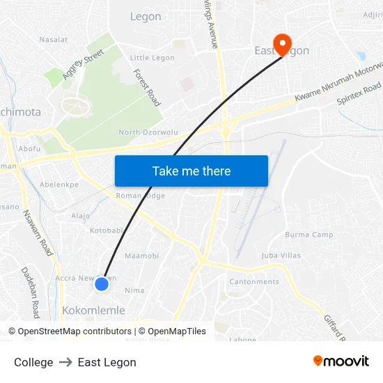 College to East Legon map