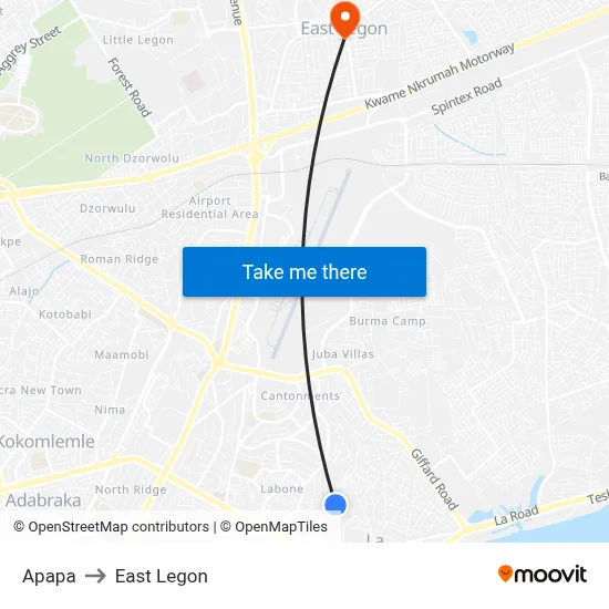 Apapa to East Legon map