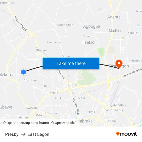 Presby to East Legon map