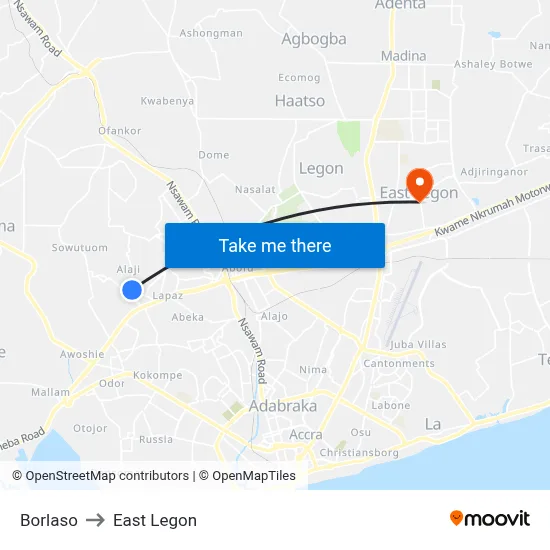 Borlaso to East Legon map