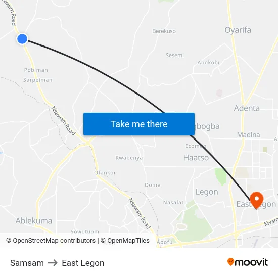 Samsam to East Legon map