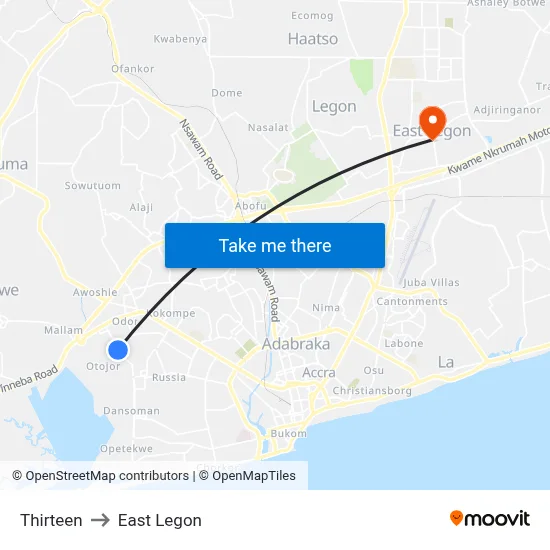 Thirteen to East Legon map
