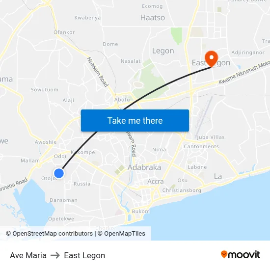 Ave Maria to East Legon map