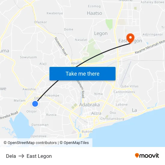 Dela to East Legon map