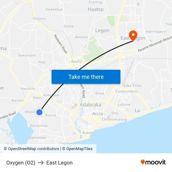 Oxygen (O2) to East Legon map