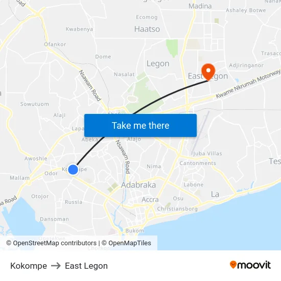 Kokompe to East Legon map