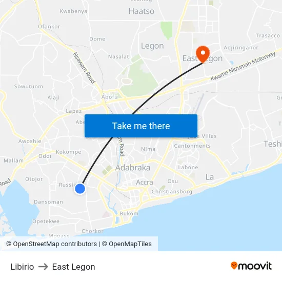 Libirio to East Legon map