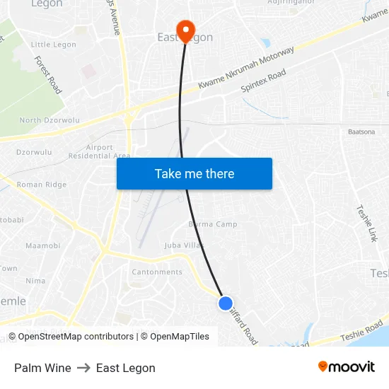 Palm Wine to East Legon map
