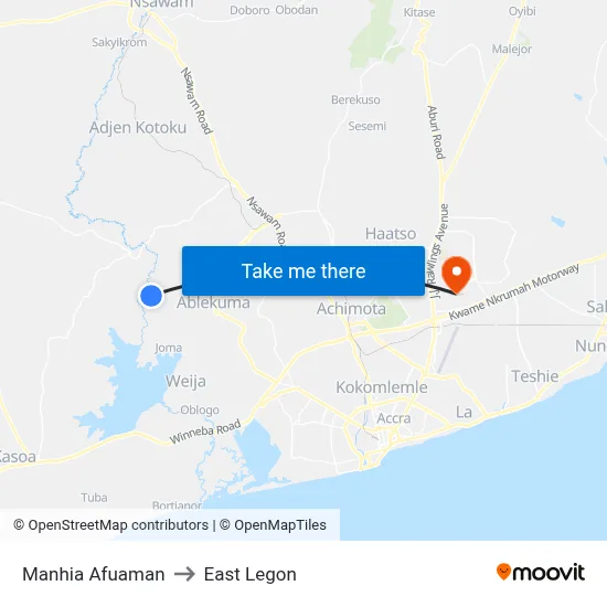 Manhia Afuaman to East Legon map