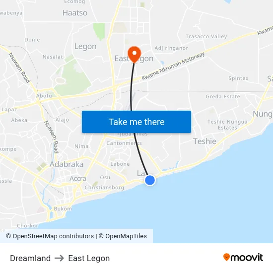 Dreamland to East Legon map