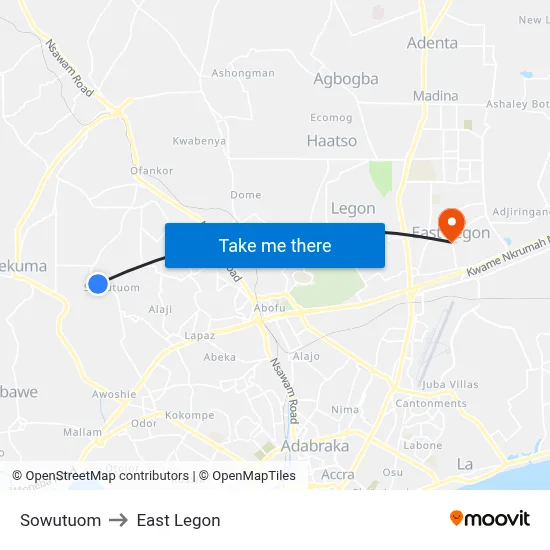 Sowutuom to East Legon map
