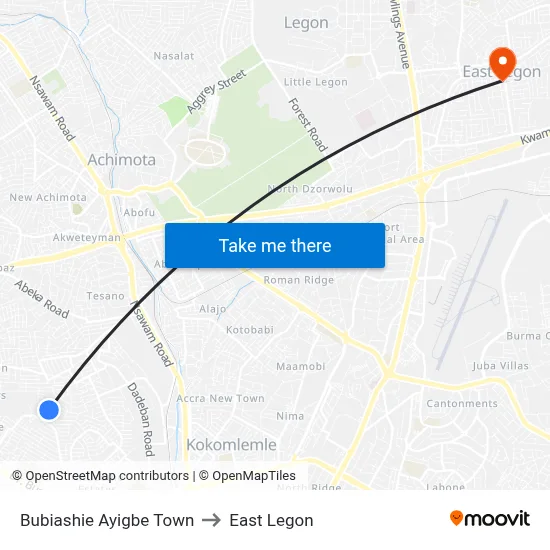 Bubiashie Ayigbe Town to East Legon map