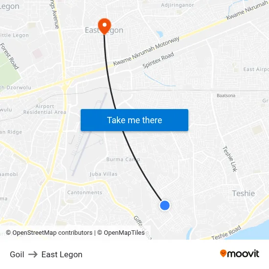 Goil to East Legon map