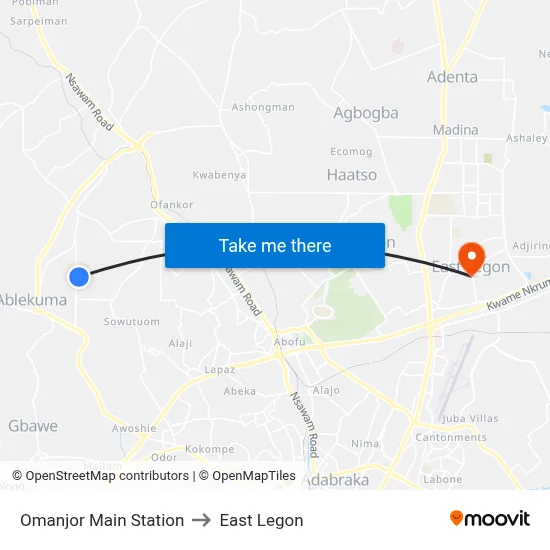 Omanjor Main Station to East Legon map
