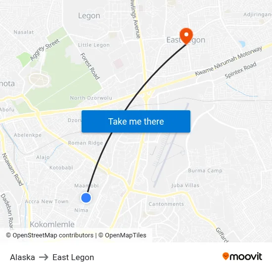 Alaska to East Legon map