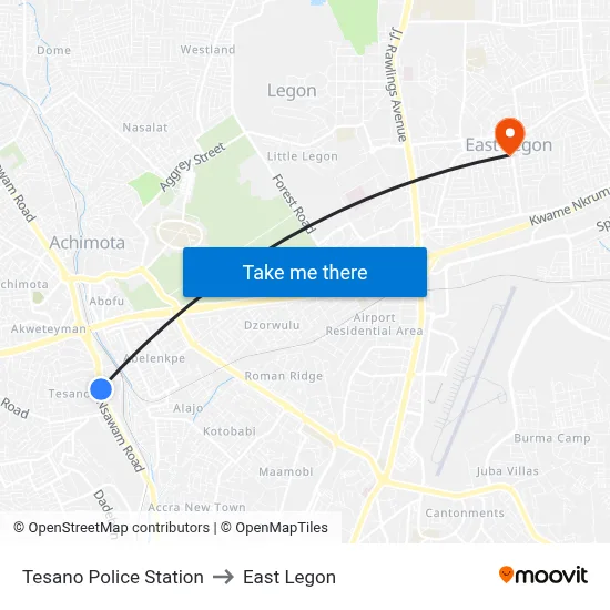Tesano Police Station to East Legon map