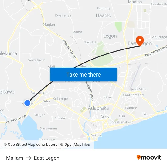 Mallam to East Legon map