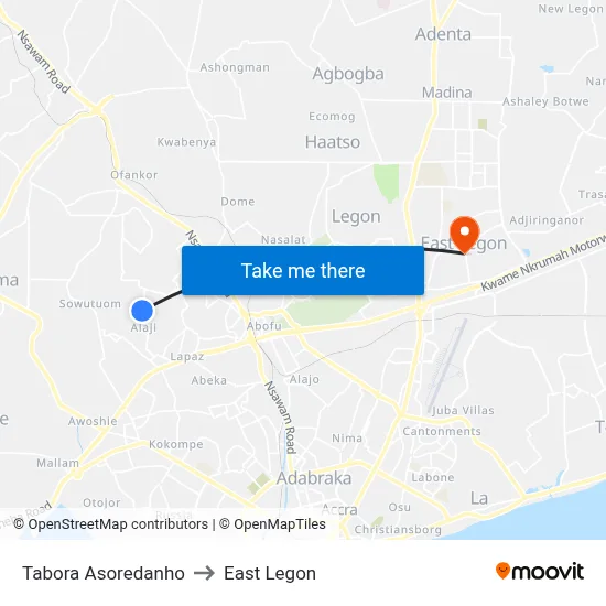 Tabora Asoredanho to East Legon map