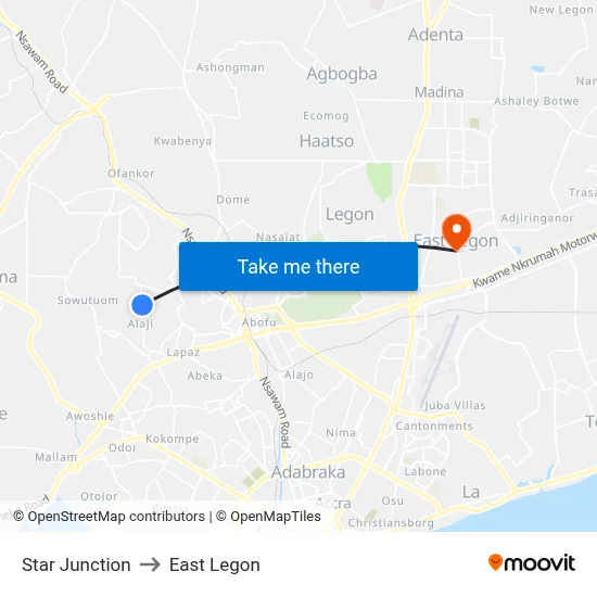 Star Junction to East Legon map
