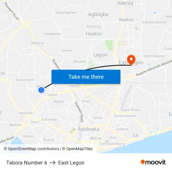 Tabora Number 6 to East Legon map