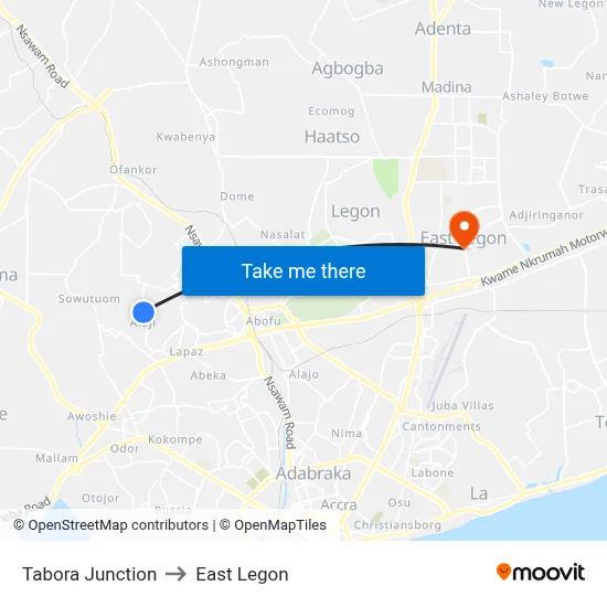 Tabora Junction to East Legon map