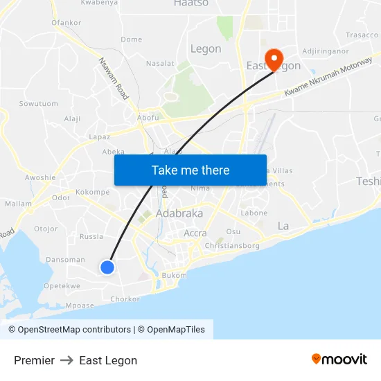 Premier to East Legon map