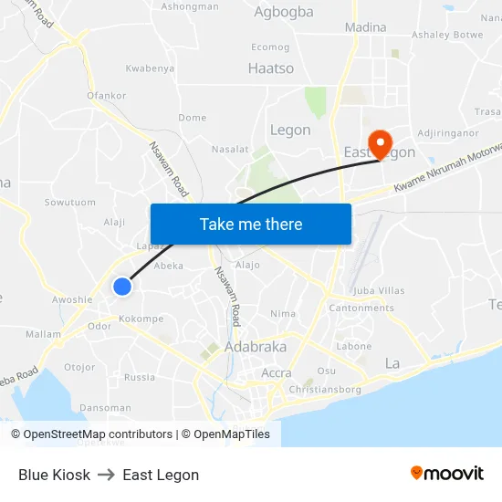 Blue Kiosk to East Legon map