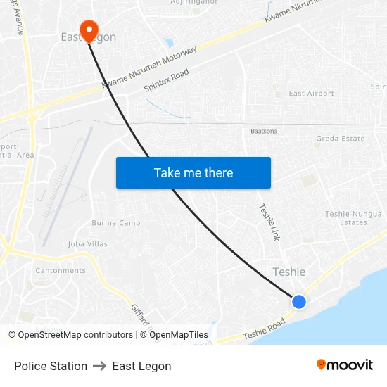 Police Station to East Legon map