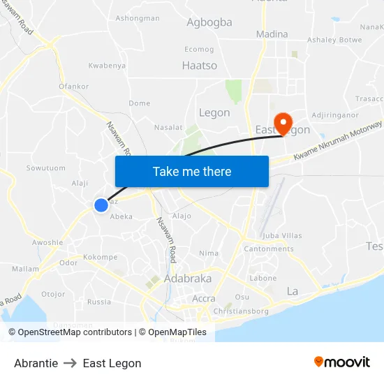 Abrantie to East Legon map