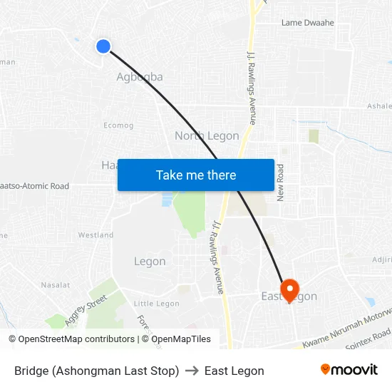 Bridge (Ashongman Last Stop) to East Legon map