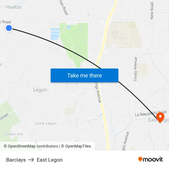 Barclays to East Legon map