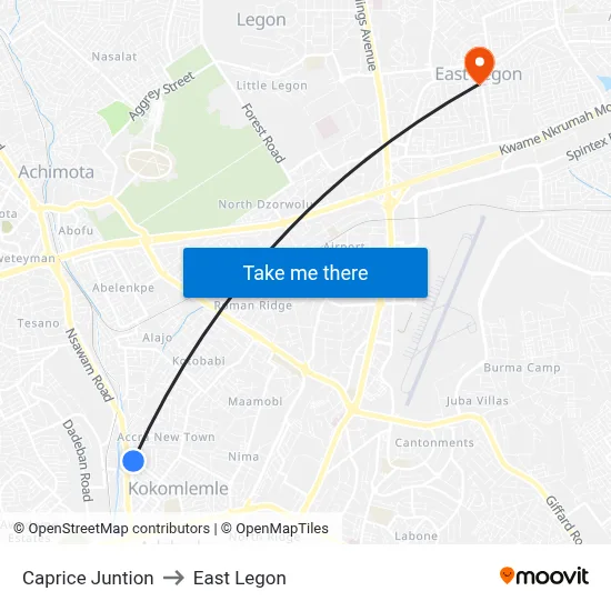 Caprice Juntion to East Legon map