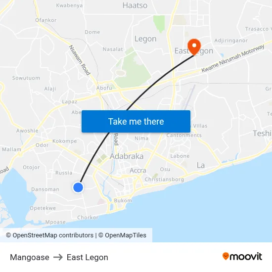 Mangoase to East Legon map
