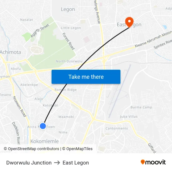 Dworwulu Junction to East Legon map