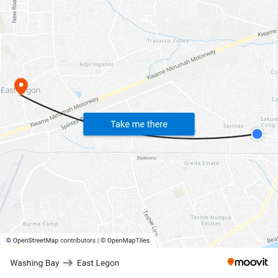 Washing Bay to East Legon map