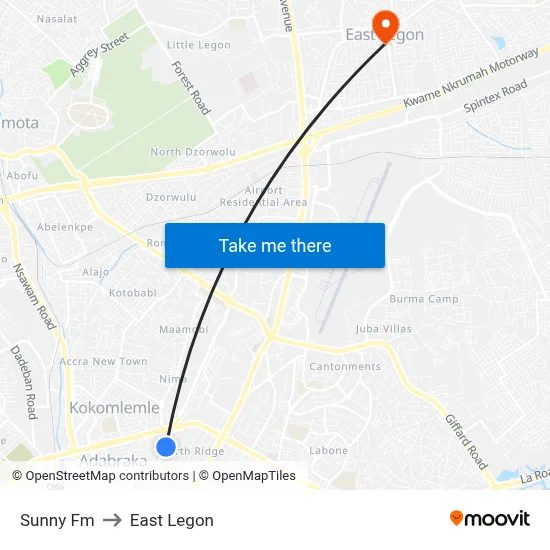 Sunny Fm to East Legon map