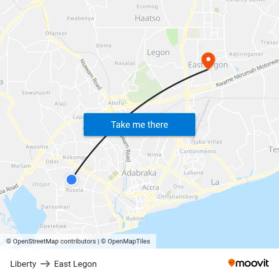 Liberty to East Legon map
