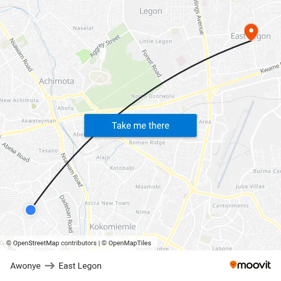 Awonye to East Legon map