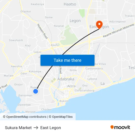Sukura Market to East Legon map