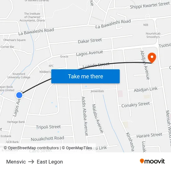 Mensvic to East Legon map