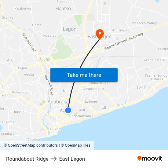 Roundabout Ridge to East Legon map