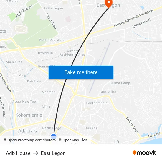 Adb House to East Legon map