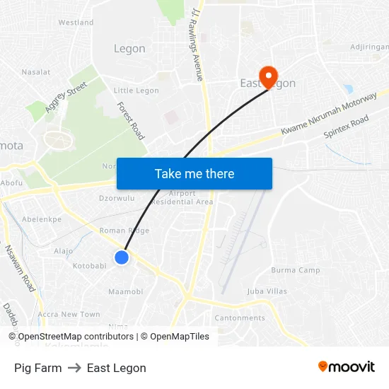 Pig Farm to East Legon map