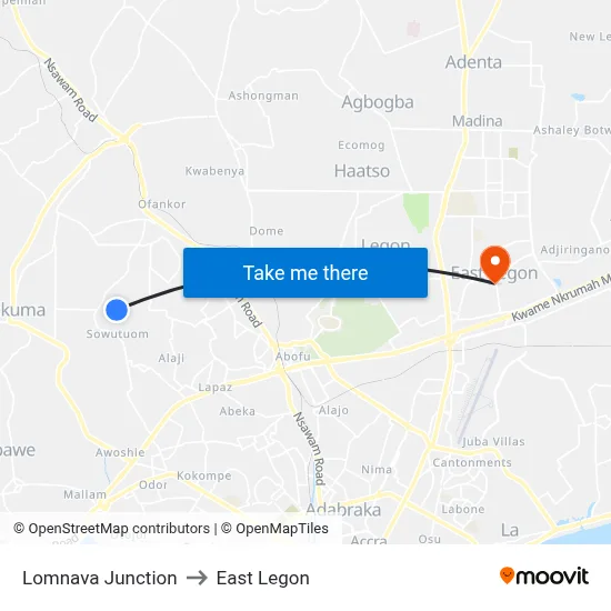 Lomnava Junction to East Legon map