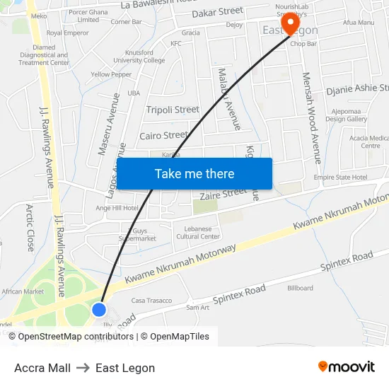 Accra Mall to East Legon map
